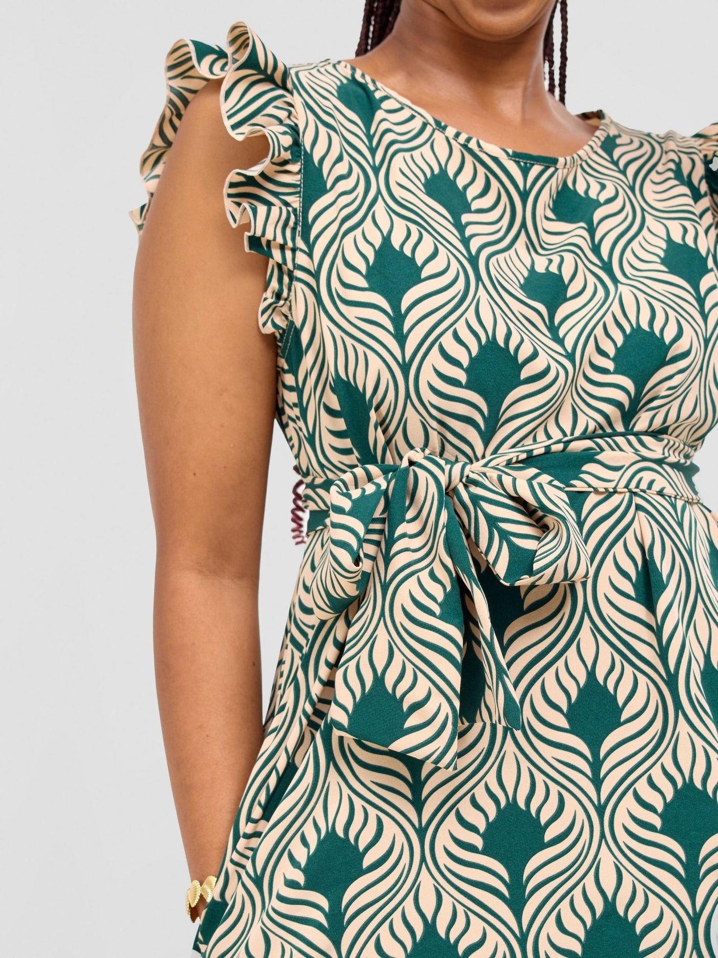 Vivo Nasinka A - line Knee Length Dress - Cream / Green Sika Print - Shopzetu