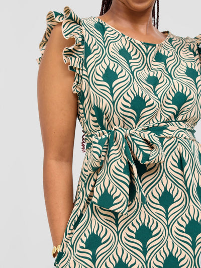 Vivo Nasinka A - line Knee Length Dress - Cream / Green Sika Print - Shopzetu