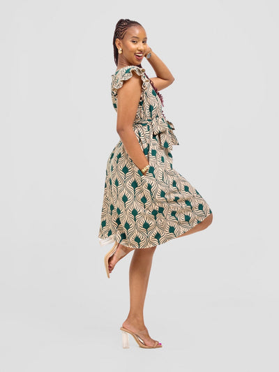 Vivo Nasinka A - line Knee Length Dress - Cream / Green Sika Print - Shopzetu