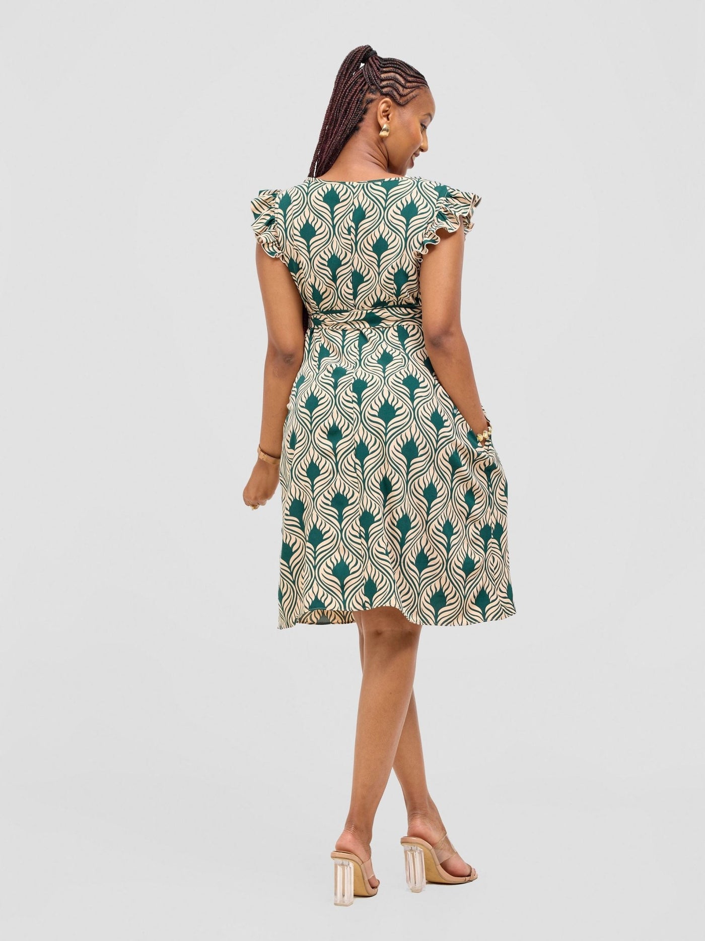 Vivo Nasinka A - line Knee Length Dress - Cream / Green Sika Print - Shopzetu