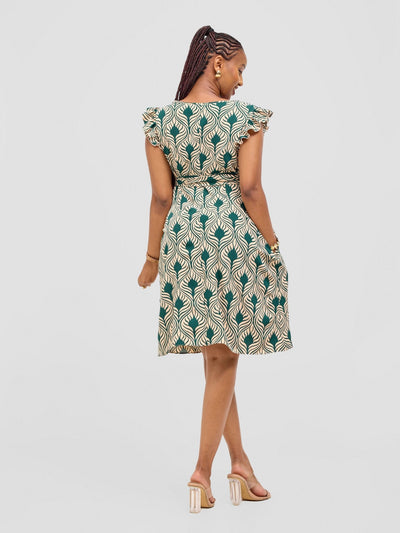 Vivo Nasinka A - line Knee Length Dress - Cream / Green Sika Print - Shopzetu
