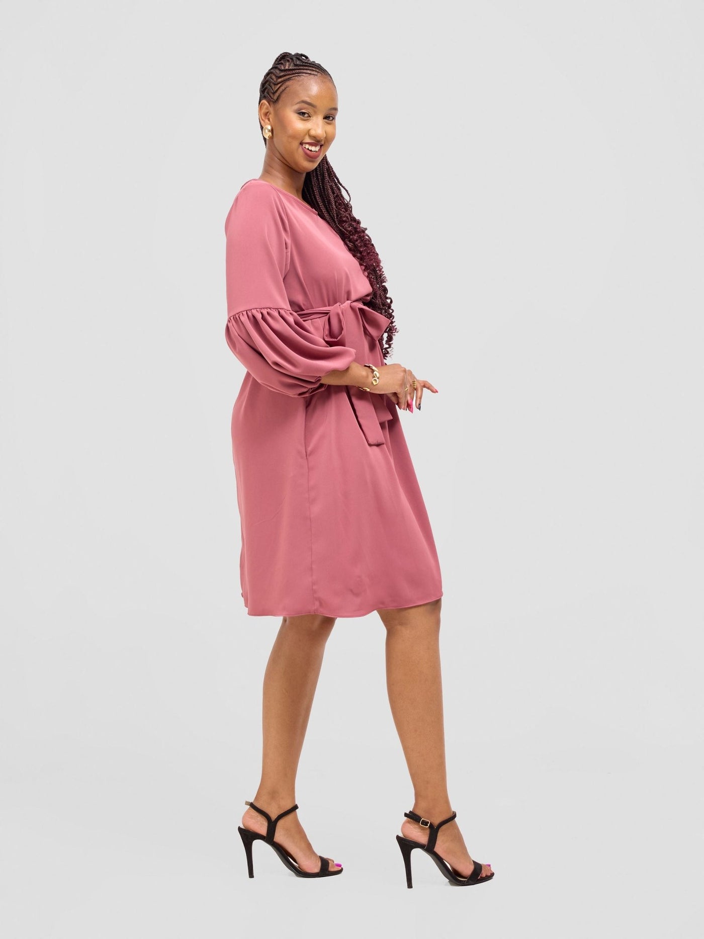 Vivo Zena Bishop Panel Long Sleeve Round Neck Dress - Dusty Pink - Shopzetu