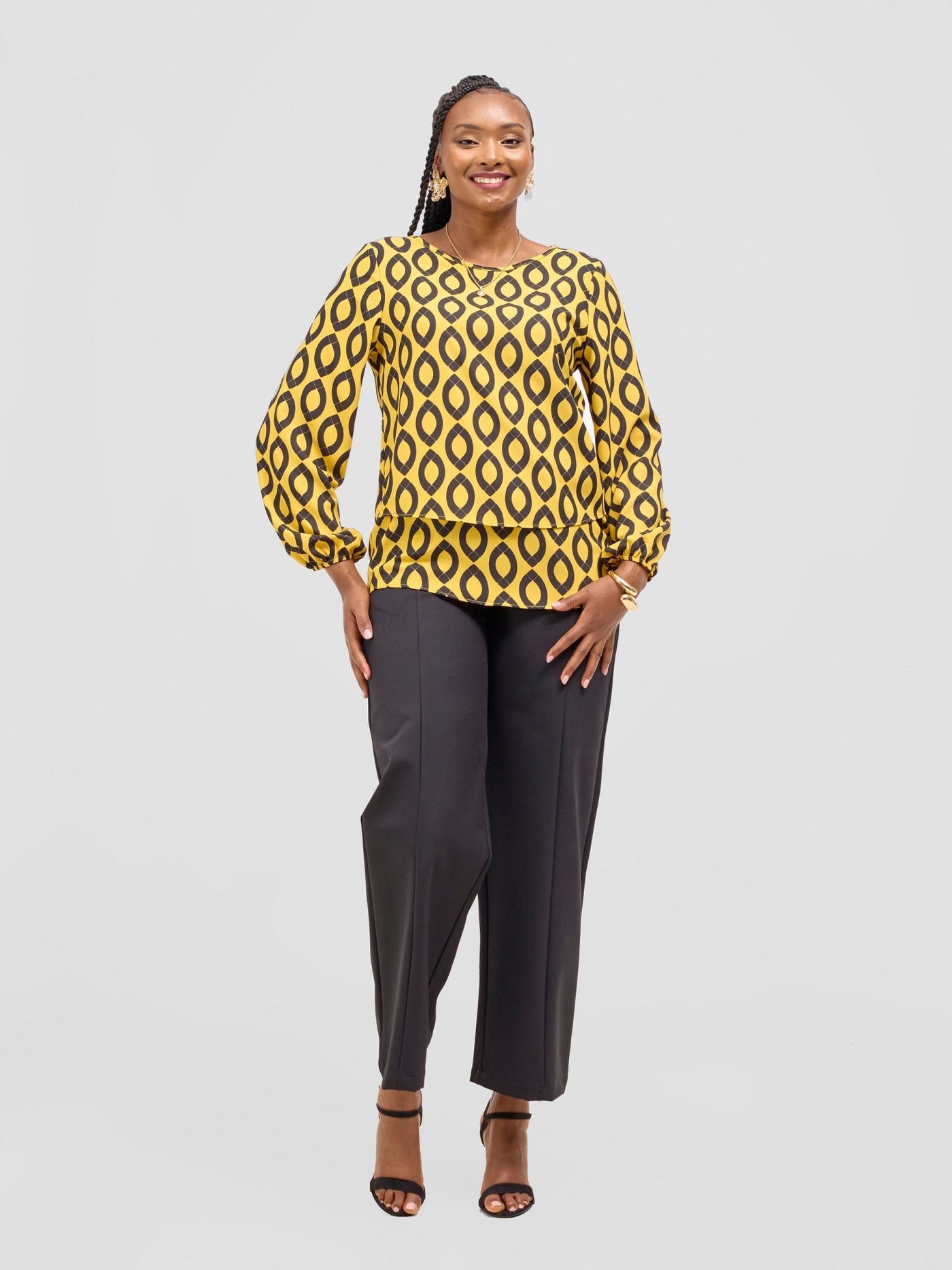 Vivo Jasiri Bishop Sleeve Layered Top - Mustard / Black Dala Print - Shopzetu
