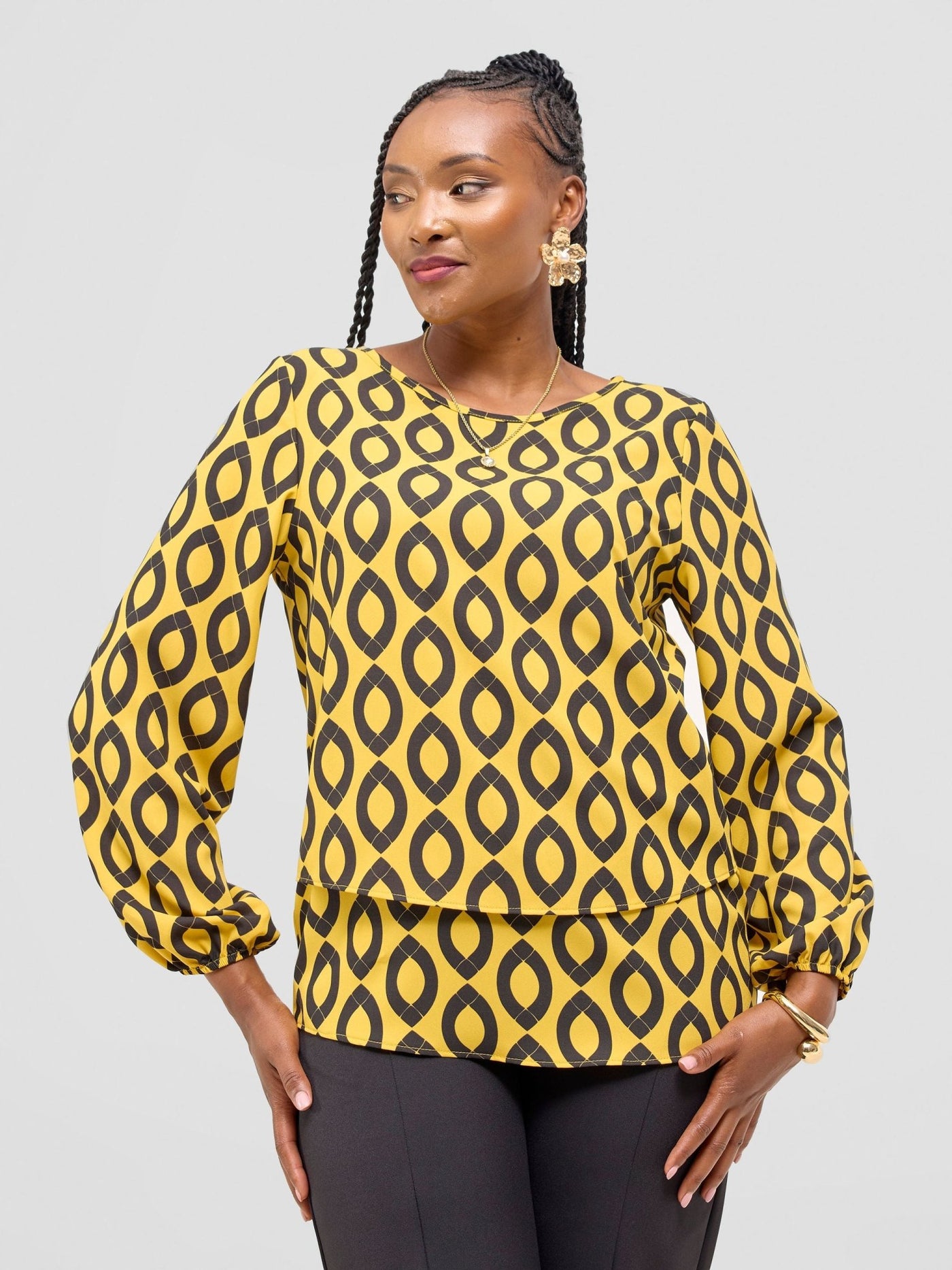 Vivo Jasiri Bishop Sleeve Layered Top - Mustard / Black Dala Print - Shopzetu
