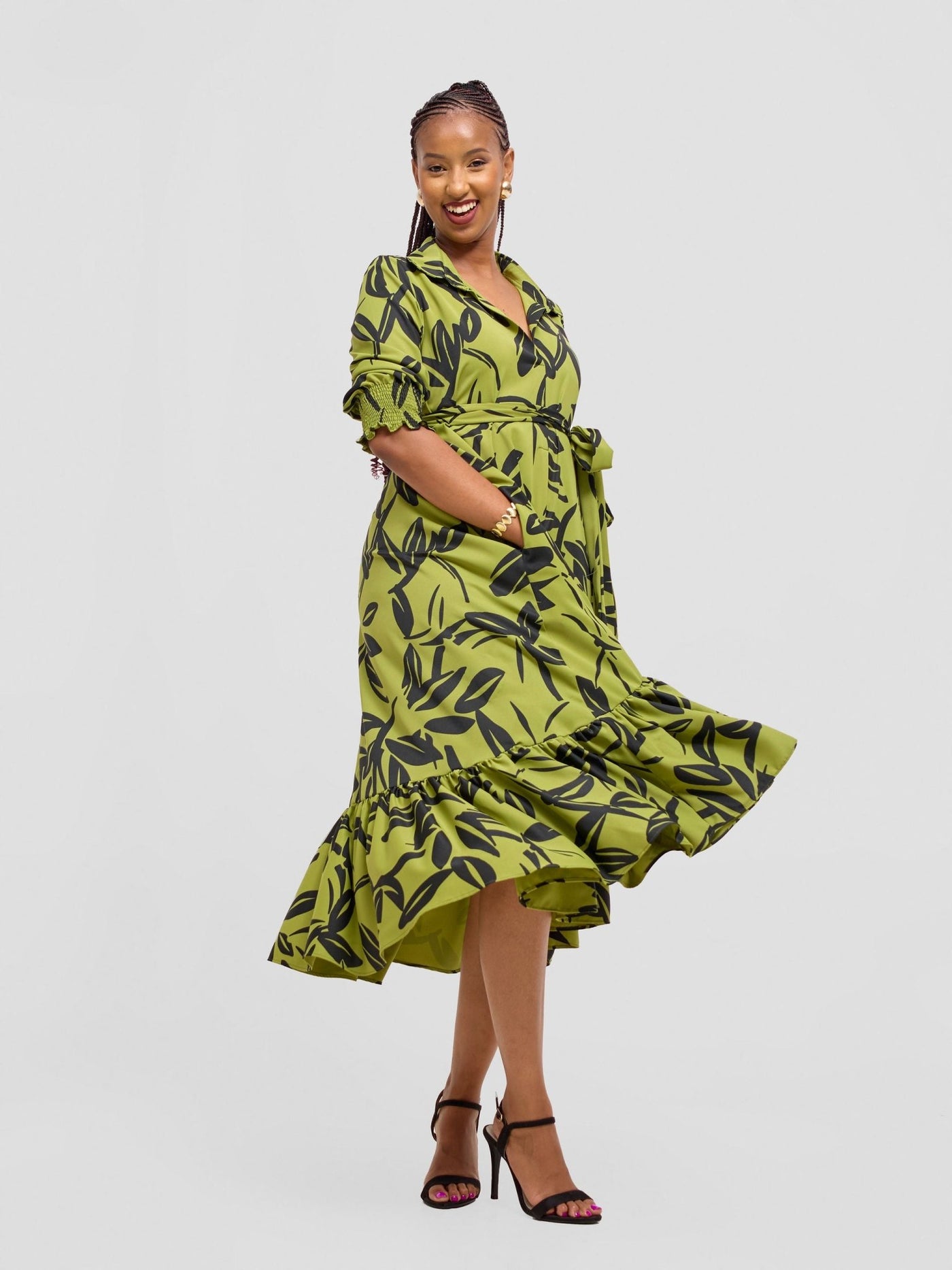 Vivo Serwa Flounce Dress - Lime / Black Kele Print - Shopzetu