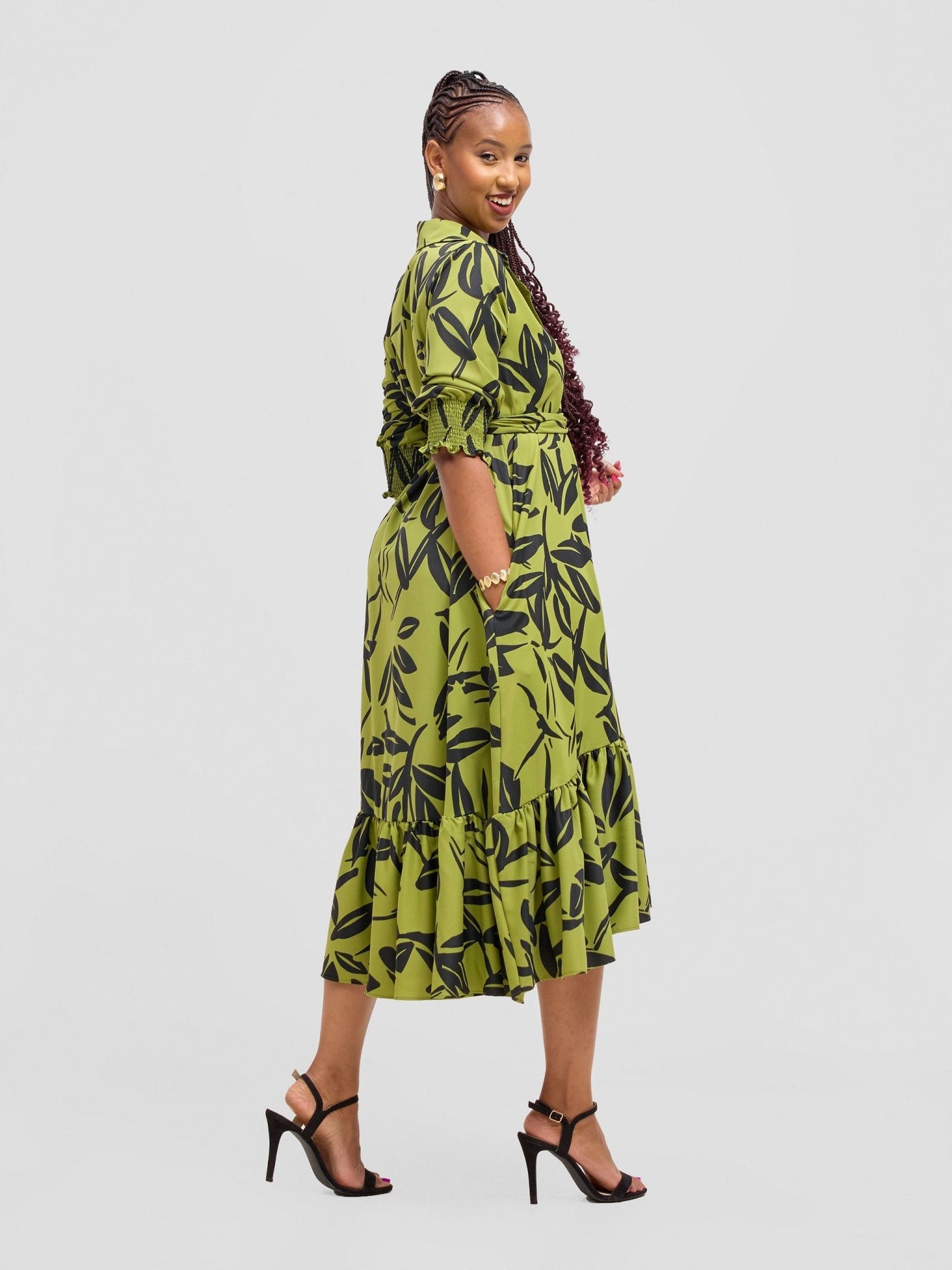 Vivo Serwa Flounce Dress - Lime / Black Kele Print - Shopzetu