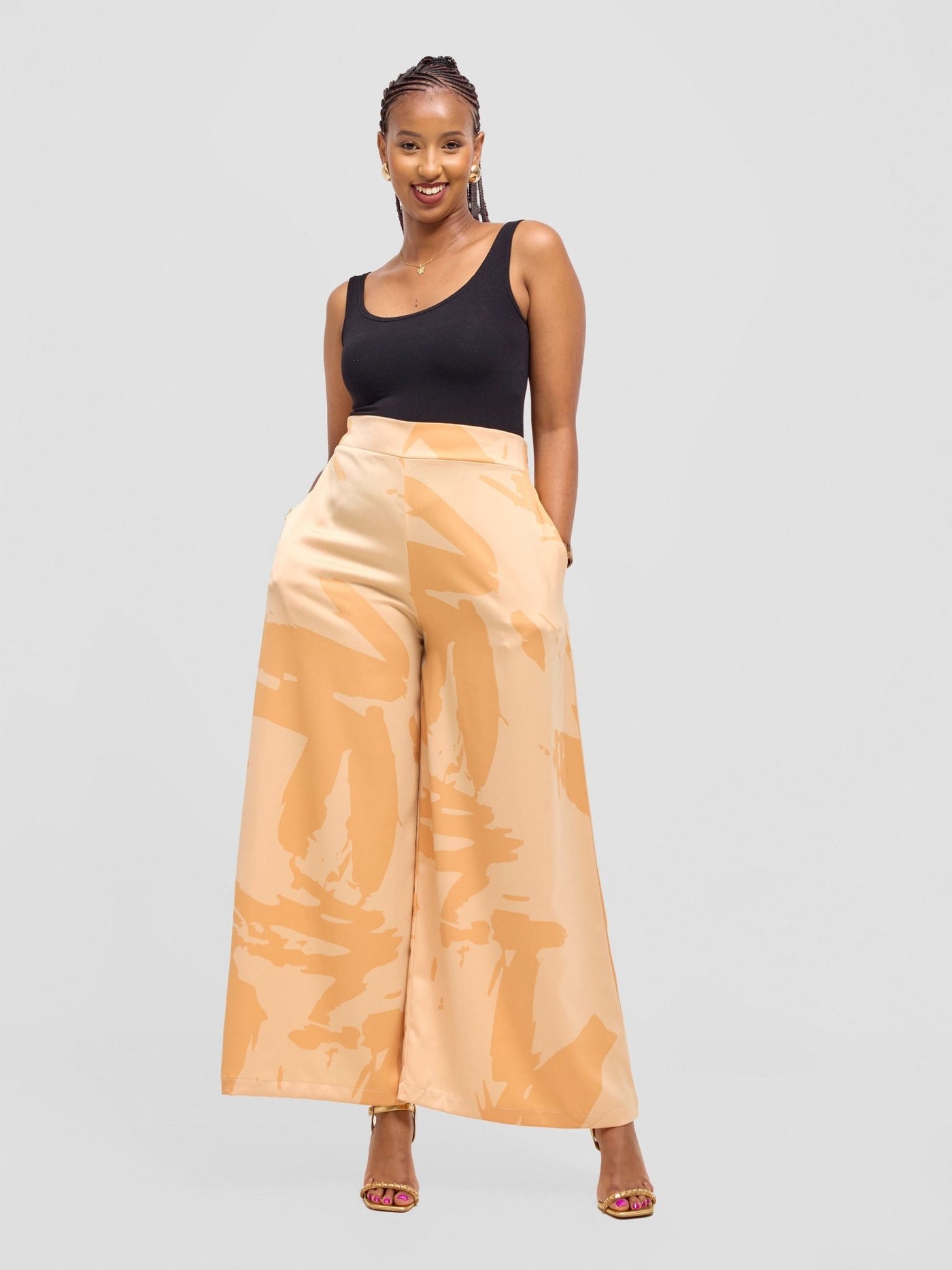 Vivo Beali Wide Leg Pants - Beige / Gold Lea Print - Shopzetu