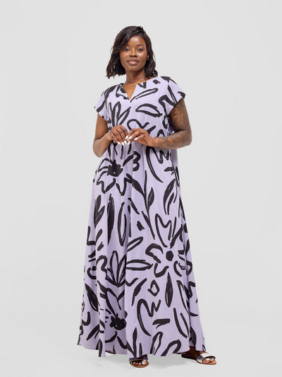 Vivo Zola V Neck Cap Sleeve Maxi Dress - Light lilac / Black Hesi Print - Shopzetu