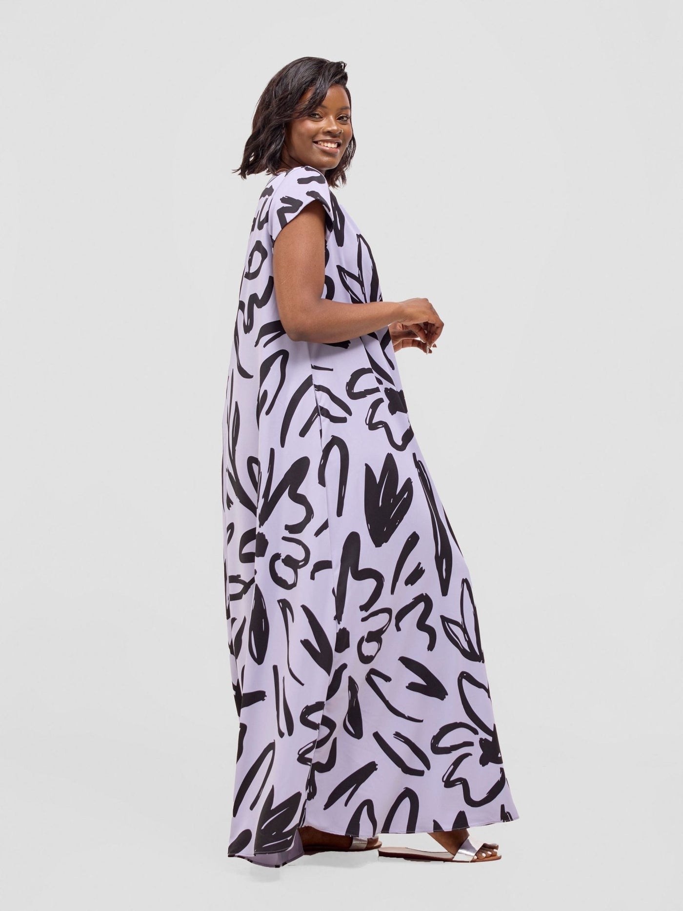 Vivo Zola V Neck Cap Sleeve Maxi Dress - Light lilac / Black Hesi Print - Shopzetu