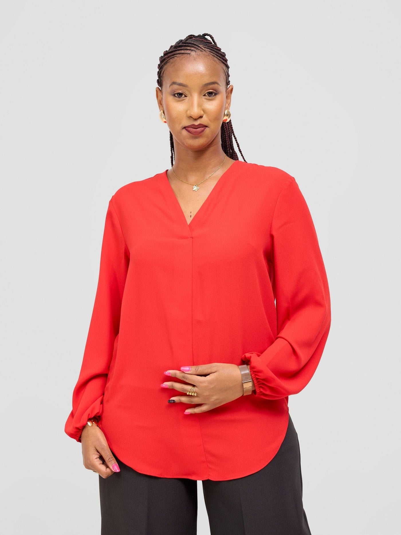Vivo Dua Long Bishop Sleeve Top - Red - Shopzetu
