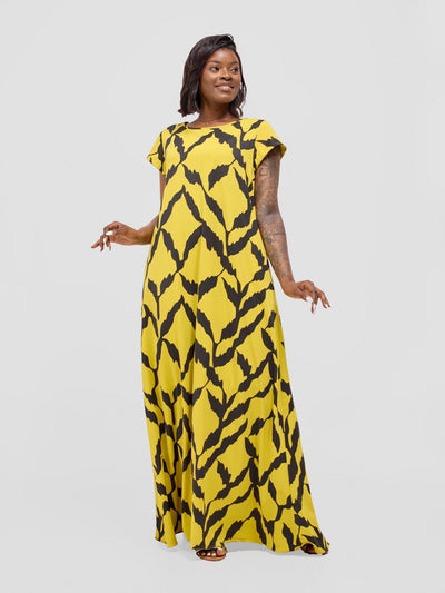 Vivo Basic Cap Sleeve Maxi Tent Dress - Yellow / Black Diti Print - Shopzetu