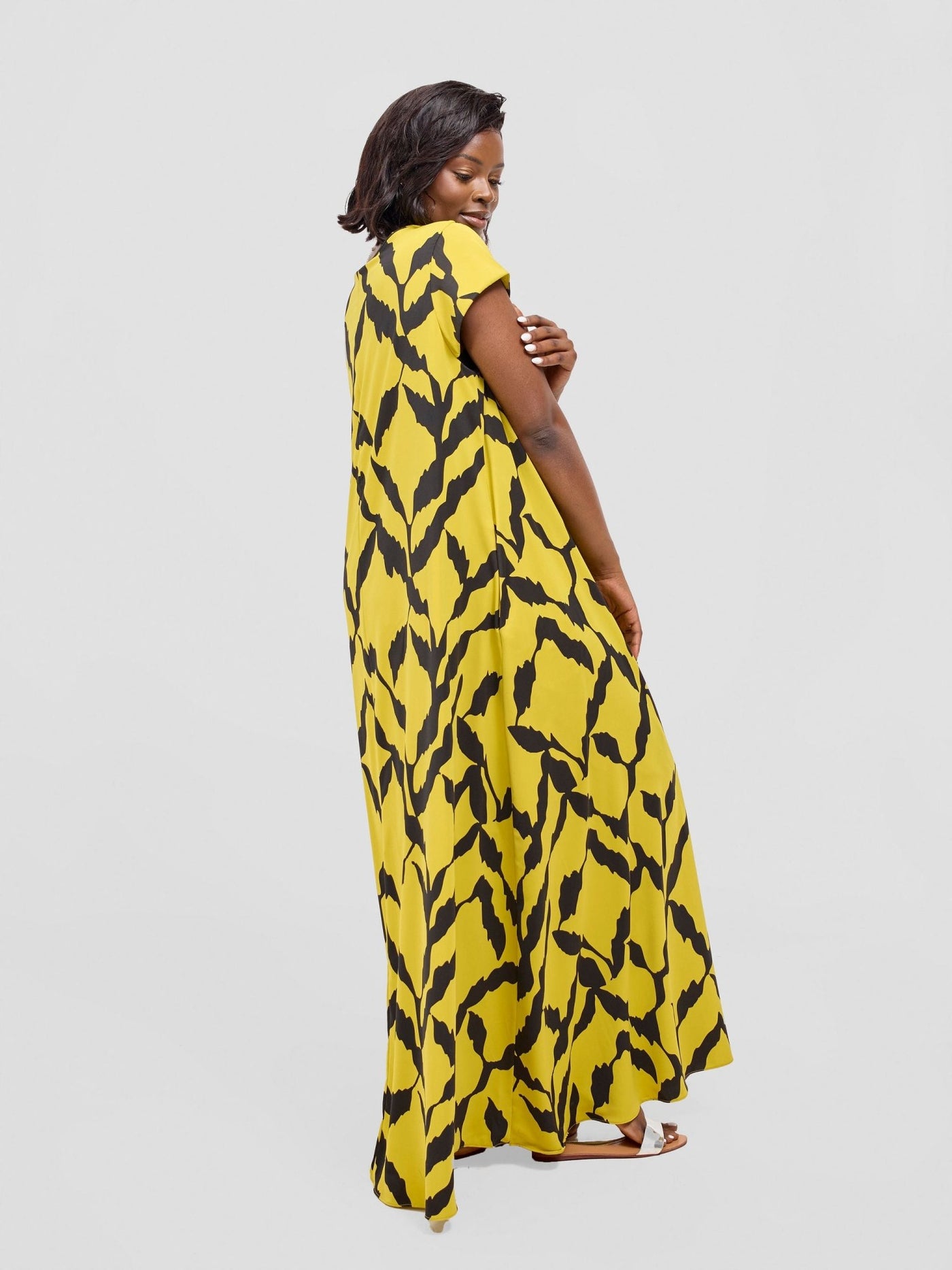 Vivo Basic Cap Sleeve Maxi Tent Dress - Yellow / Black Diti Print - Shopzetu