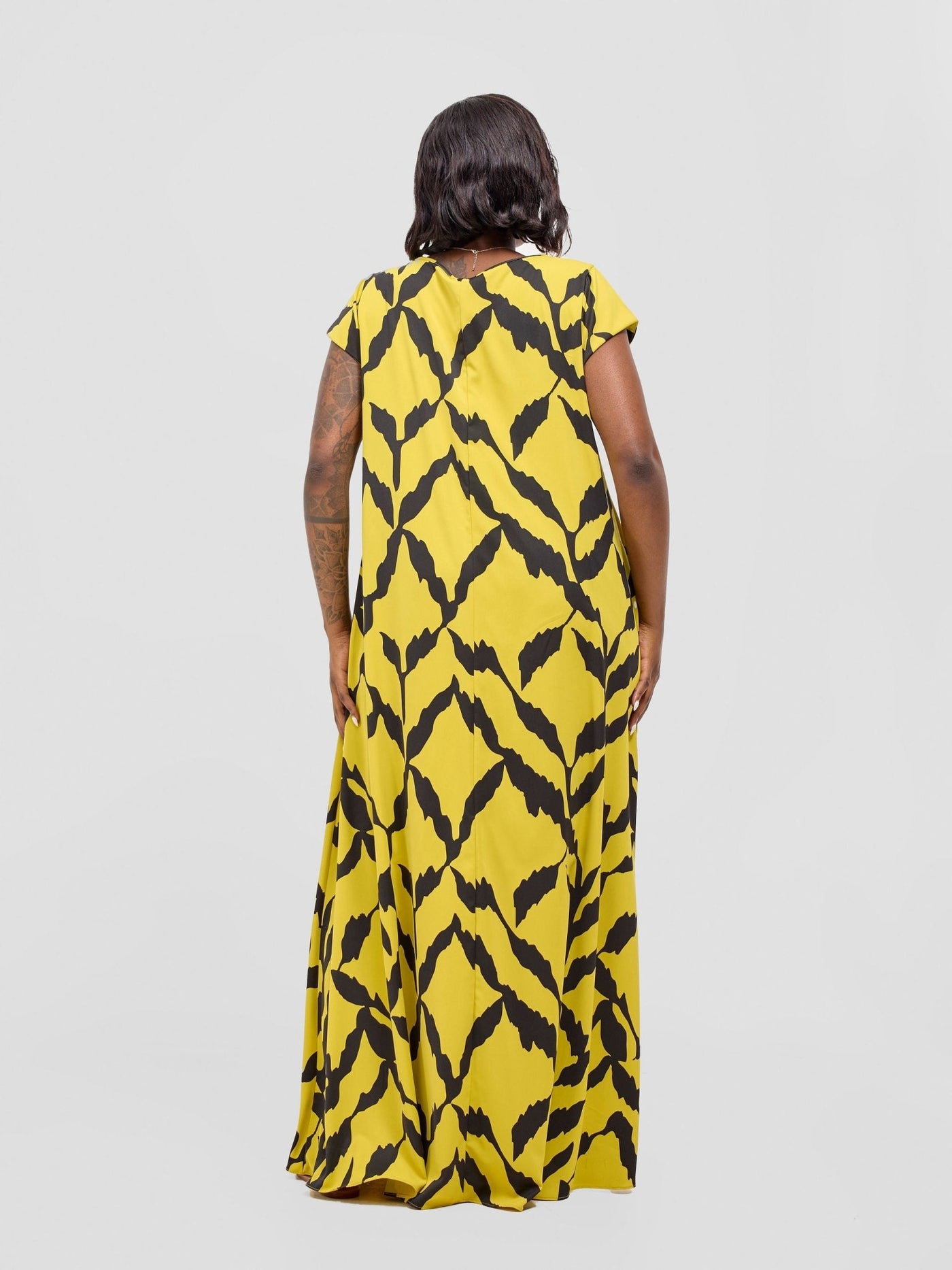 Vivo Basic Cap Sleeve Maxi Tent Dress - Yellow / Black Diti Print - Shopzetu