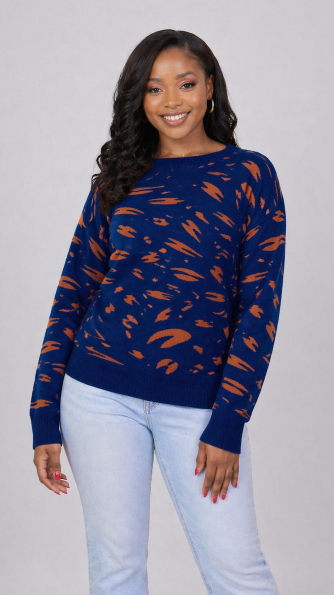 The Fashion Frenzy Printed Pullover Sweater - Navy Blue
