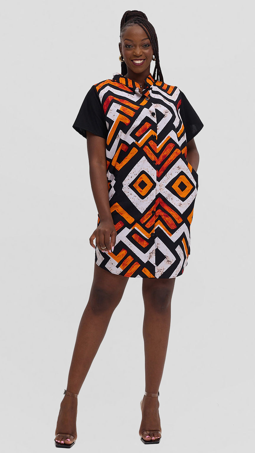 AGAMU Amari Shirt Dress - Black / Orange Print