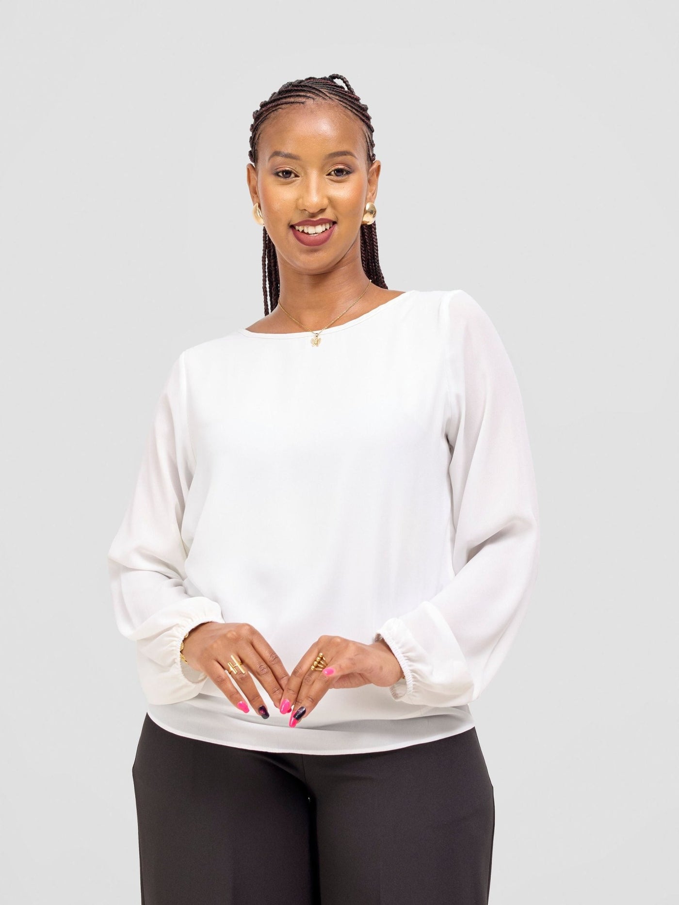 Vivo Basic Chiffon Bishop Sleeve Top (Double Layered) - White - Shopzetu