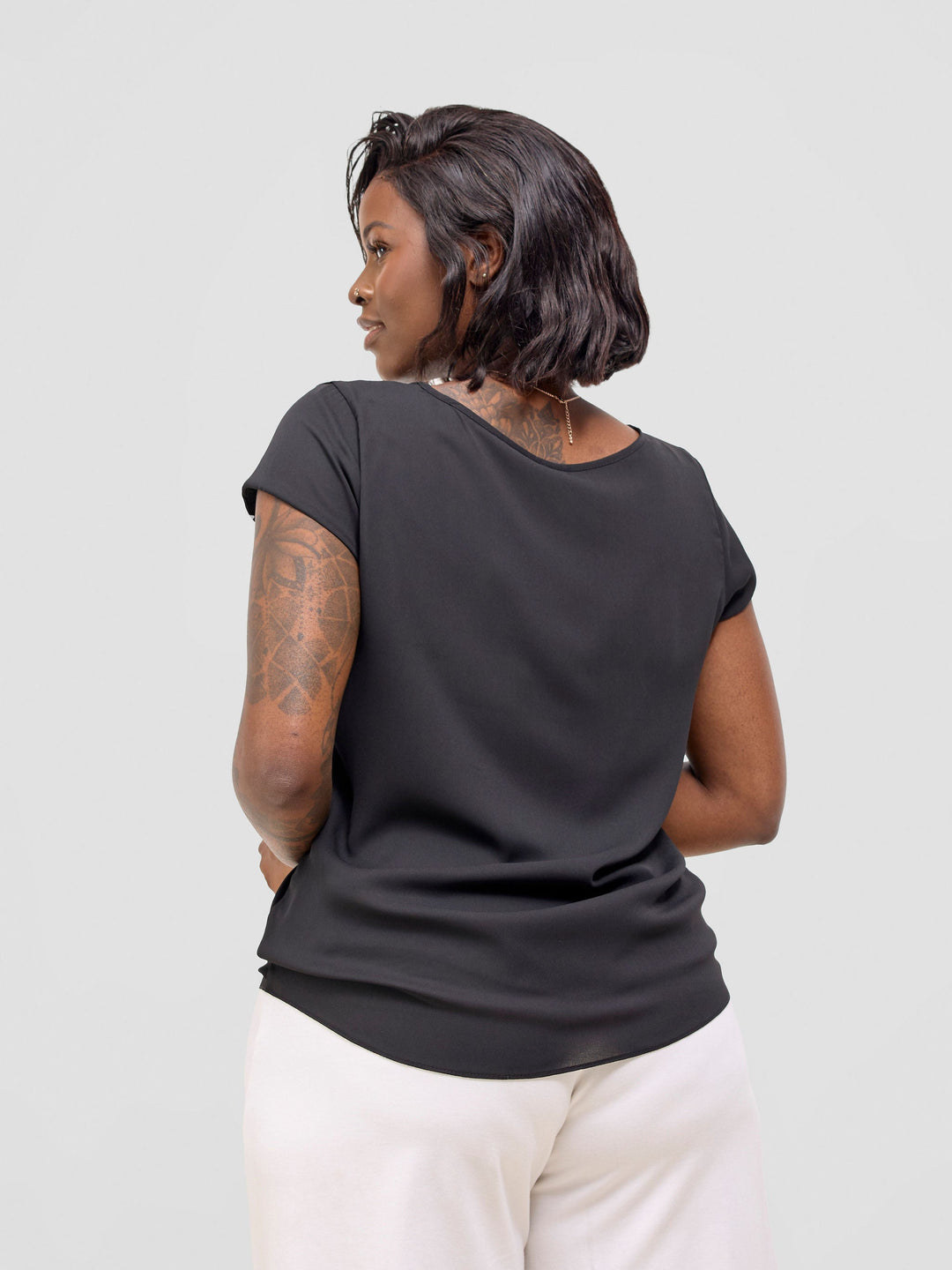 Vivo Basic Chiffon Cap Sleeve Top (Double Layered) - Black
