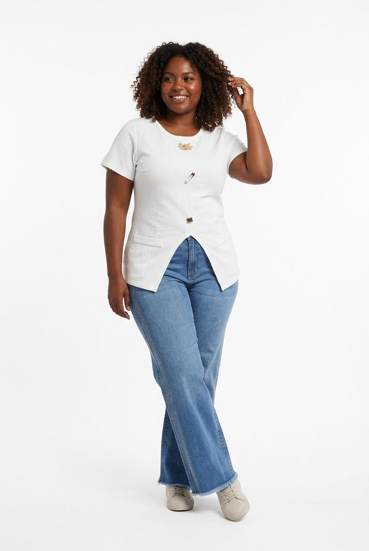 Stylish Sisters Crew Neck Gold Button Detailed Slit Top - White