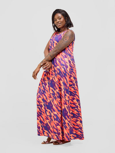 Vivo Lumi Back Pleat Maxi Dress - Orange / Burgundy Isi Print - Shopzetu