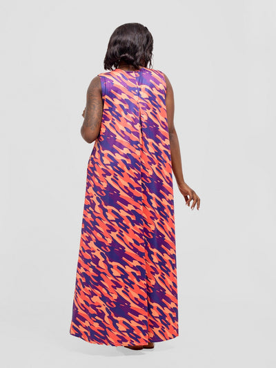 Vivo Lumi Back Pleat Maxi Dress - Orange / Burgundy Isi Print - Shopzetu
