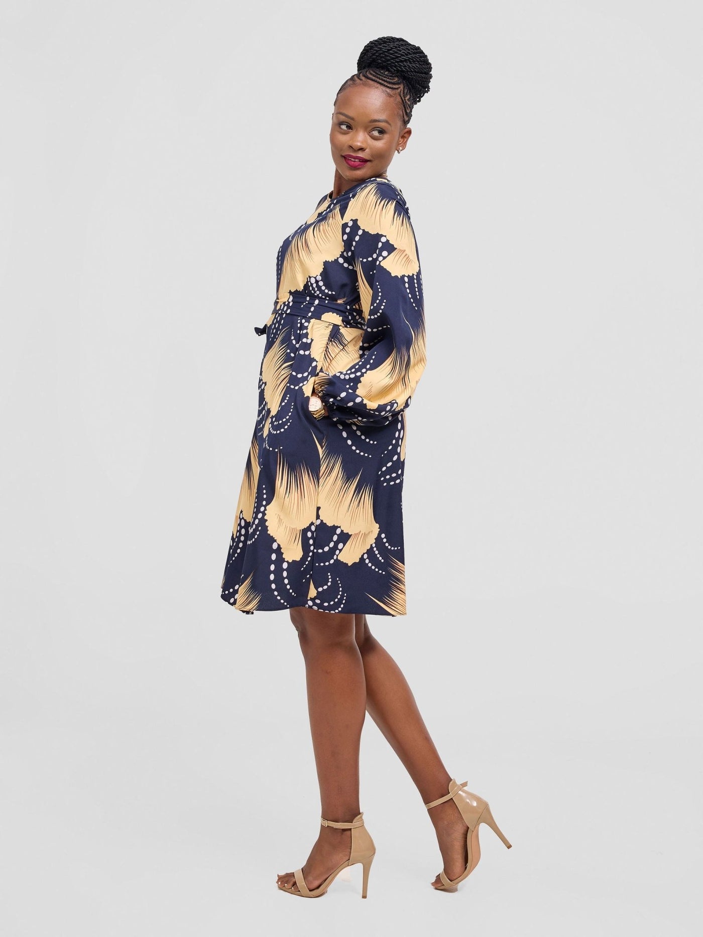 Vivo Basic Ayo Bishop Sleeve Dress - Cream / Navy Print - Shopzetu