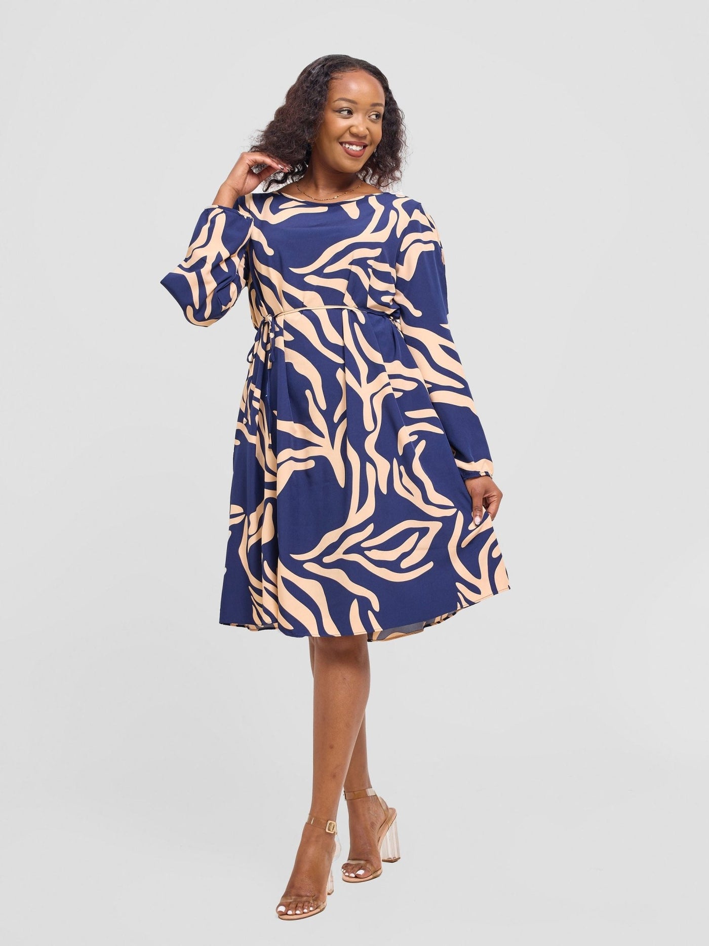 Vivo Tunu Long Slit Sleeve Knee Length Shift Dress - Peach / Navy Print - Shopzetu