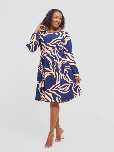 Vivo Tunu Long Slit Sleeve Knee Length Shift Dress - Peach / Navy Print - Shopzetu