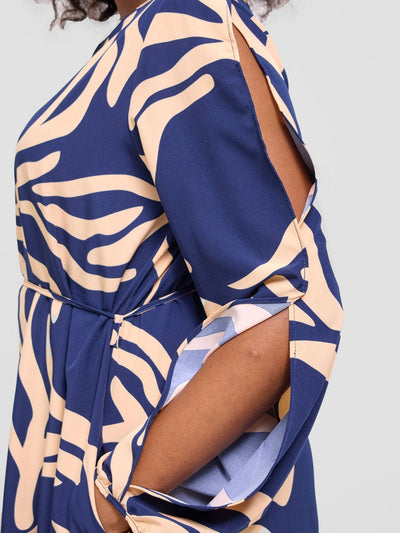 Vivo Tunu Long Slit Sleeve Knee Length Shift Dress - Peach / Navy Print - Shopzetu