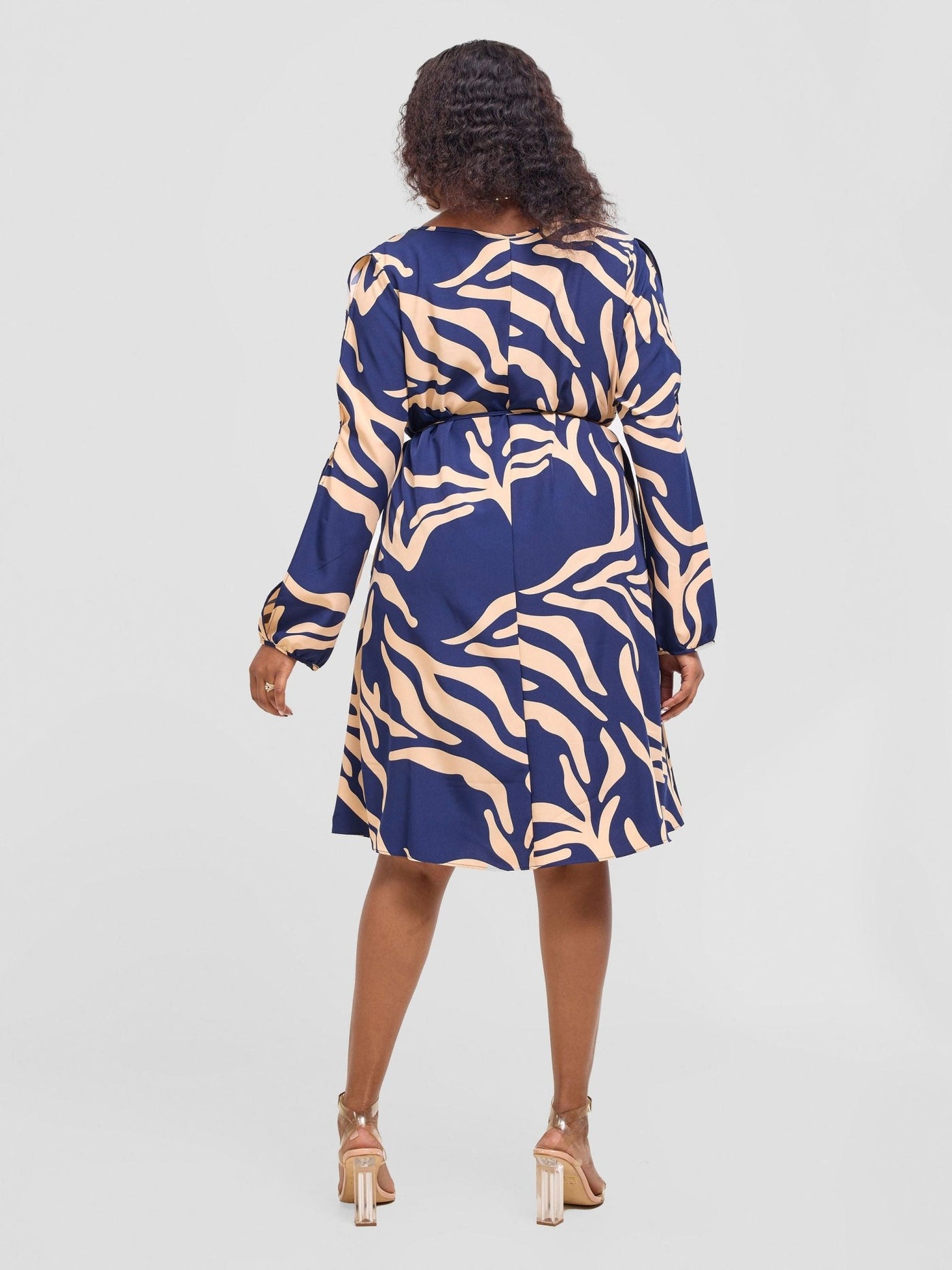 Vivo Tunu Long Slit Sleeve Knee Length Shift Dress - Peach / Navy Print - Shopzetu