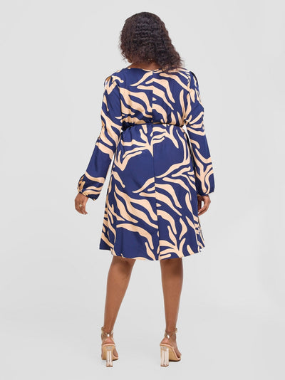 Vivo Tunu Long Slit Sleeve Knee Length Shift Dress - Peach / Navy Print - Shopzetu