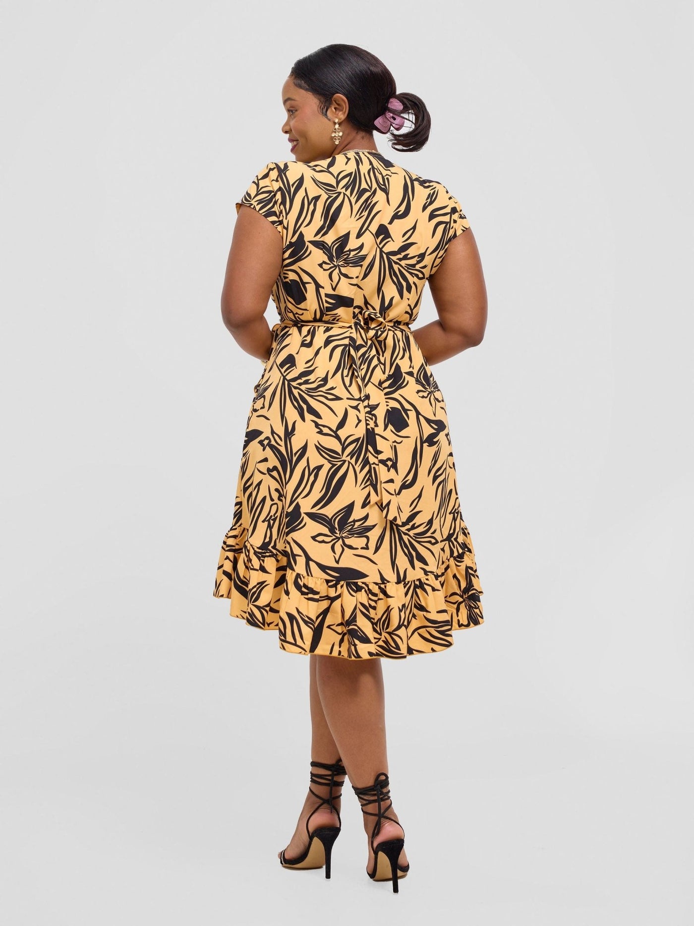 Vivo Nasinka Wrap Dress - Mustard / Black Ena Print - Shopzetu