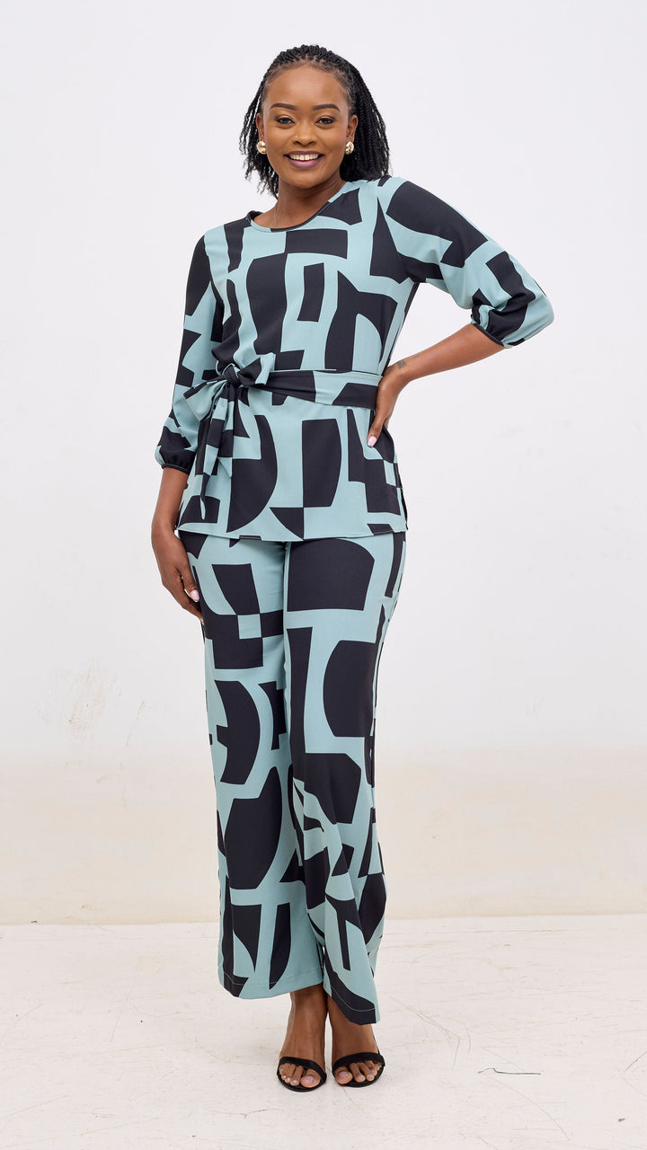 Vivo Kani Bishop Sleeve Top - Mint  / Black Dashen Print
