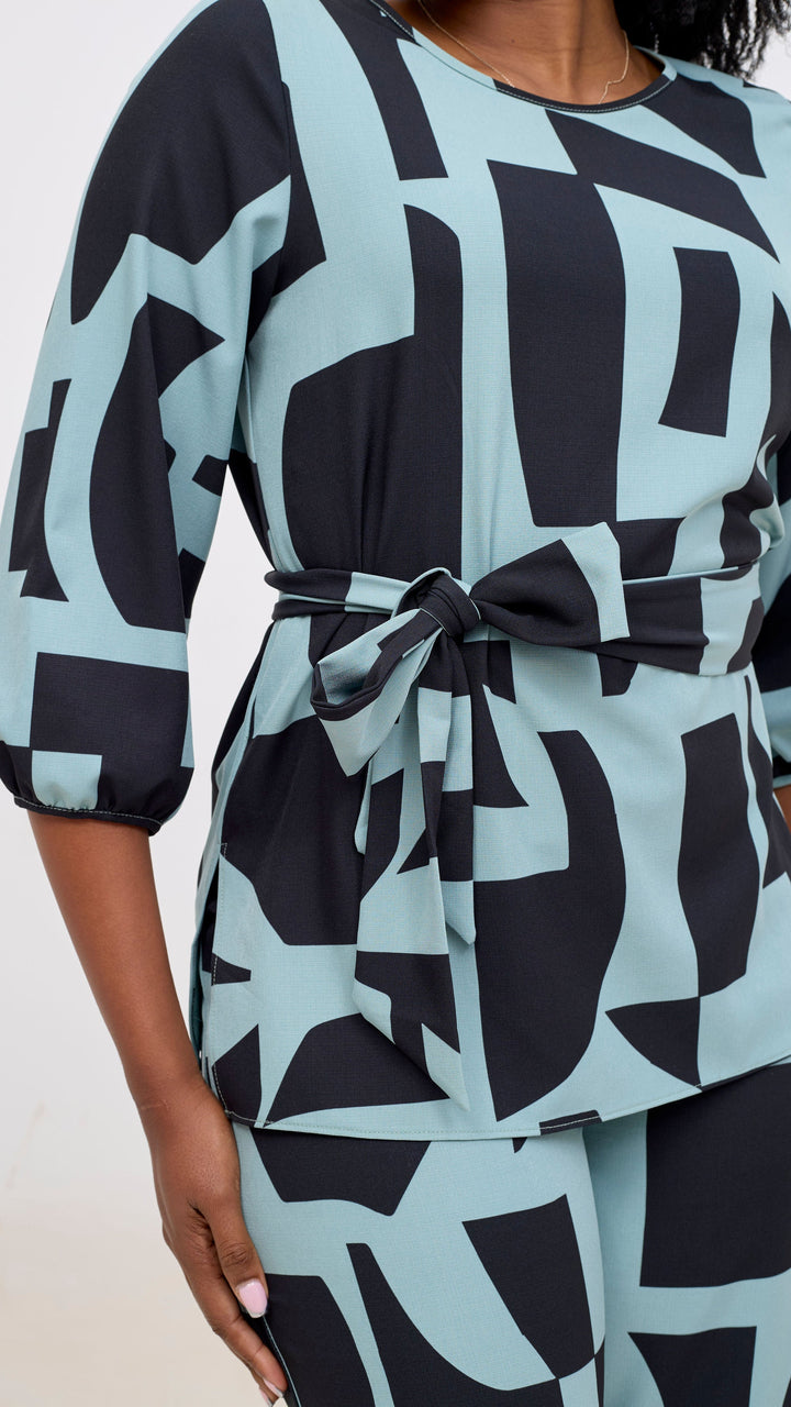Vivo Kani Bishop Sleeve Top - Mint  / Black Dashen Print