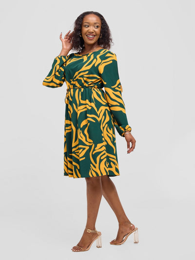Vivo Tunu Long Slit Sleeve Knee Length Shift Dress - Mustard / Green Print - Shopzetu