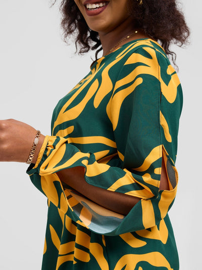 Vivo Tunu Long Slit Sleeve Knee Length Shift Dress - Mustard / Green Print - Shopzetu