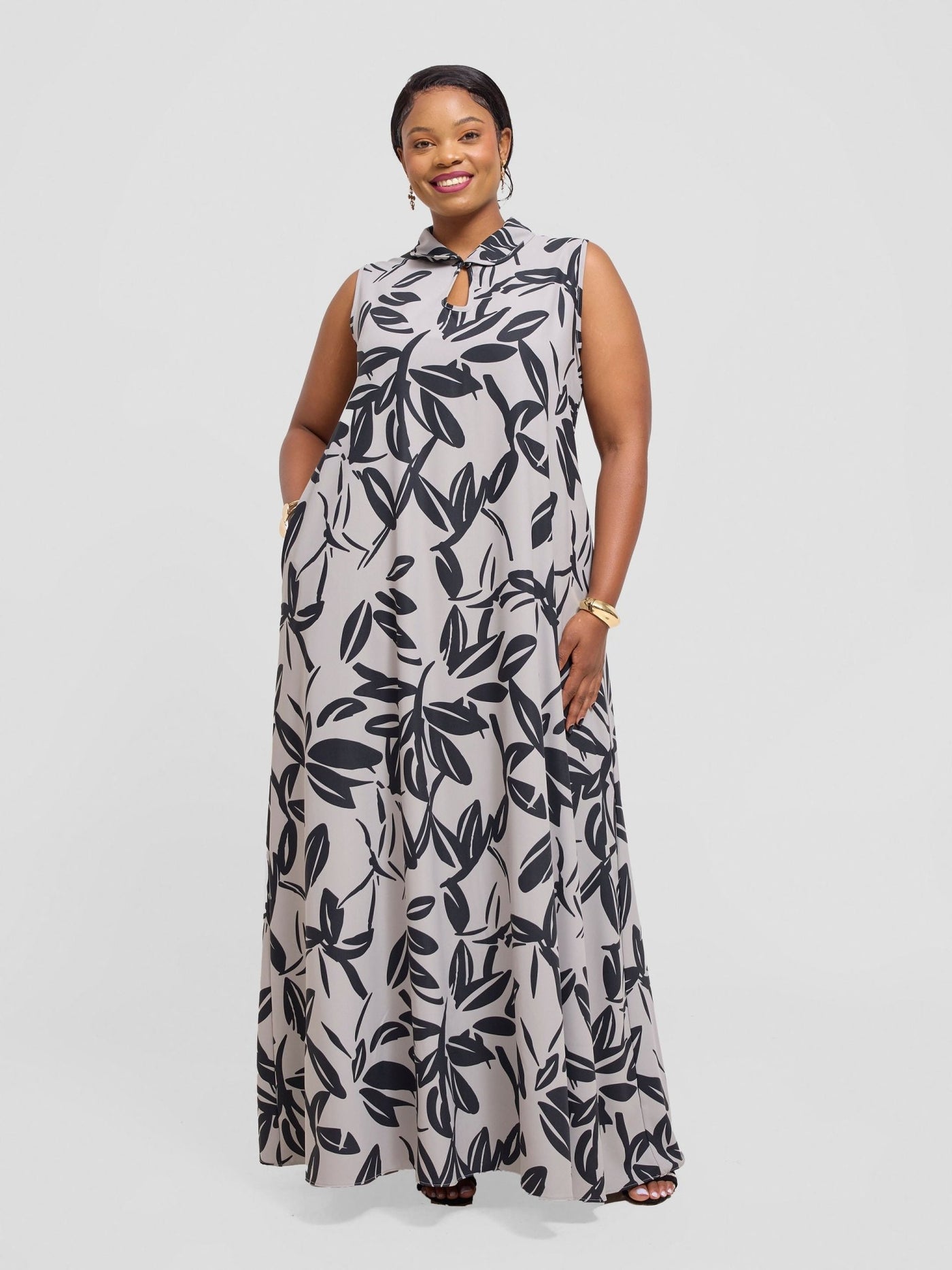 Vivo Asha Sleeveless Maxi Dress - Grey / Black Jilo Print - Shopzetu