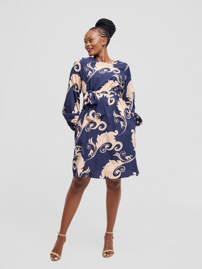 Vivo Basic Ayo Bishop Sleeve Dress - Navy / Brown Print - Shopzetu