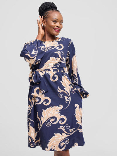 Vivo Basic Ayo Bishop Sleeve Dress - Navy / White Print - Shopzetu