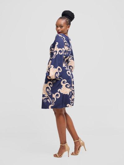 Vivo Basic Ayo Bishop Sleeve Dress - Navy / White Print - Shopzetu