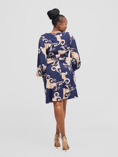 Vivo Basic Ayo Bishop Sleeve Dress - Navy / White Print - Shopzetu