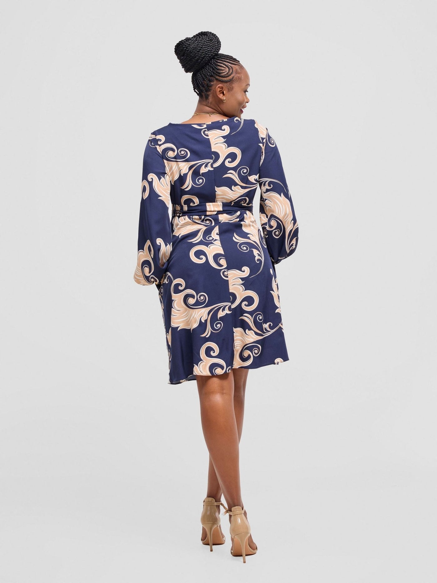Vivo Basic Ayo Bishop Sleeve Dress - Navy / Brown Print - Shopzetu