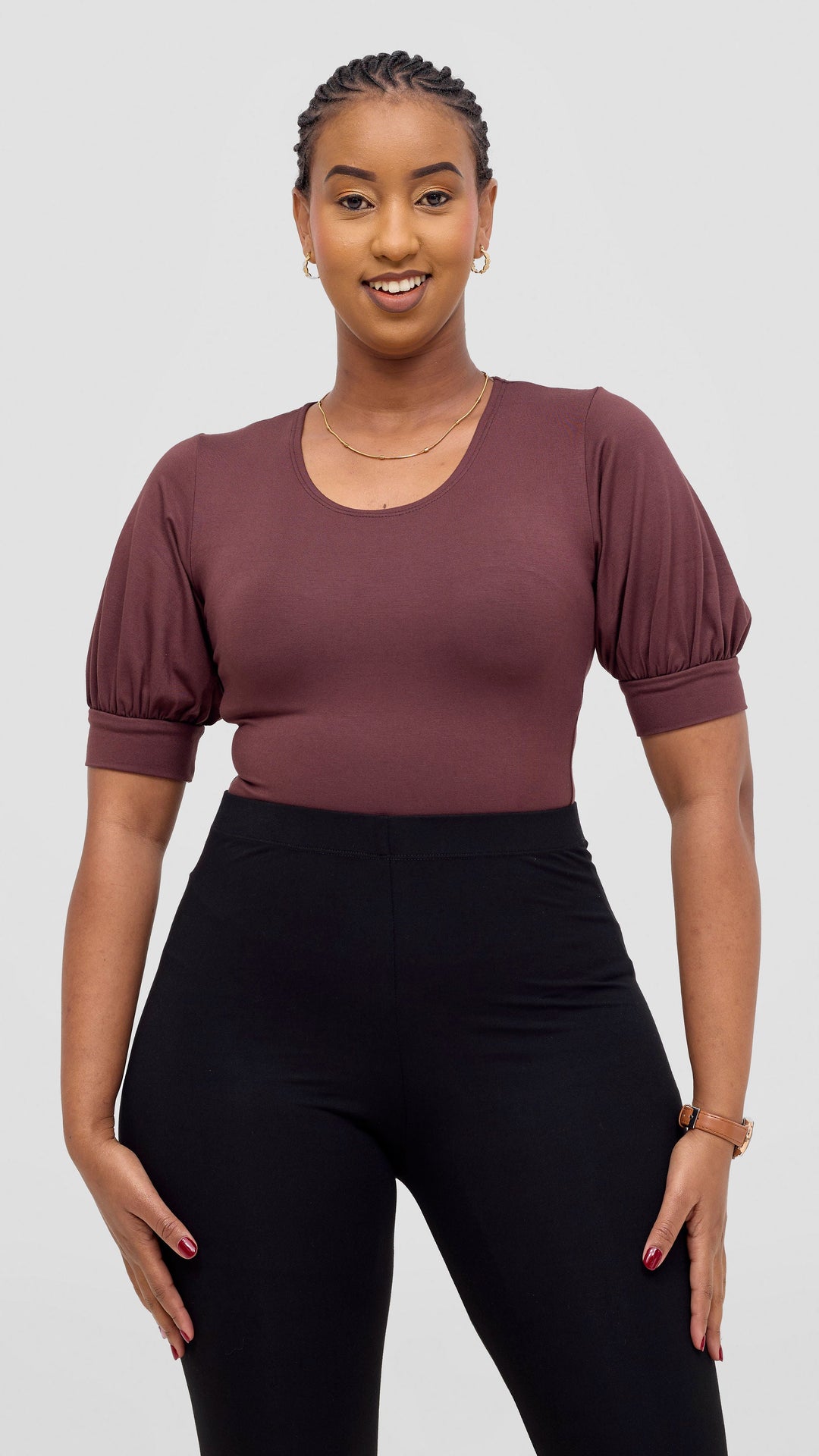 Vivo Tana Puff Sleeve Bodysuit In Jersey - Chocolate Brown