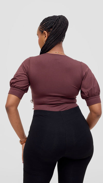 Vivo Tana Puff Sleeve Bodysuit - Chocolate Brown - Shopzetu