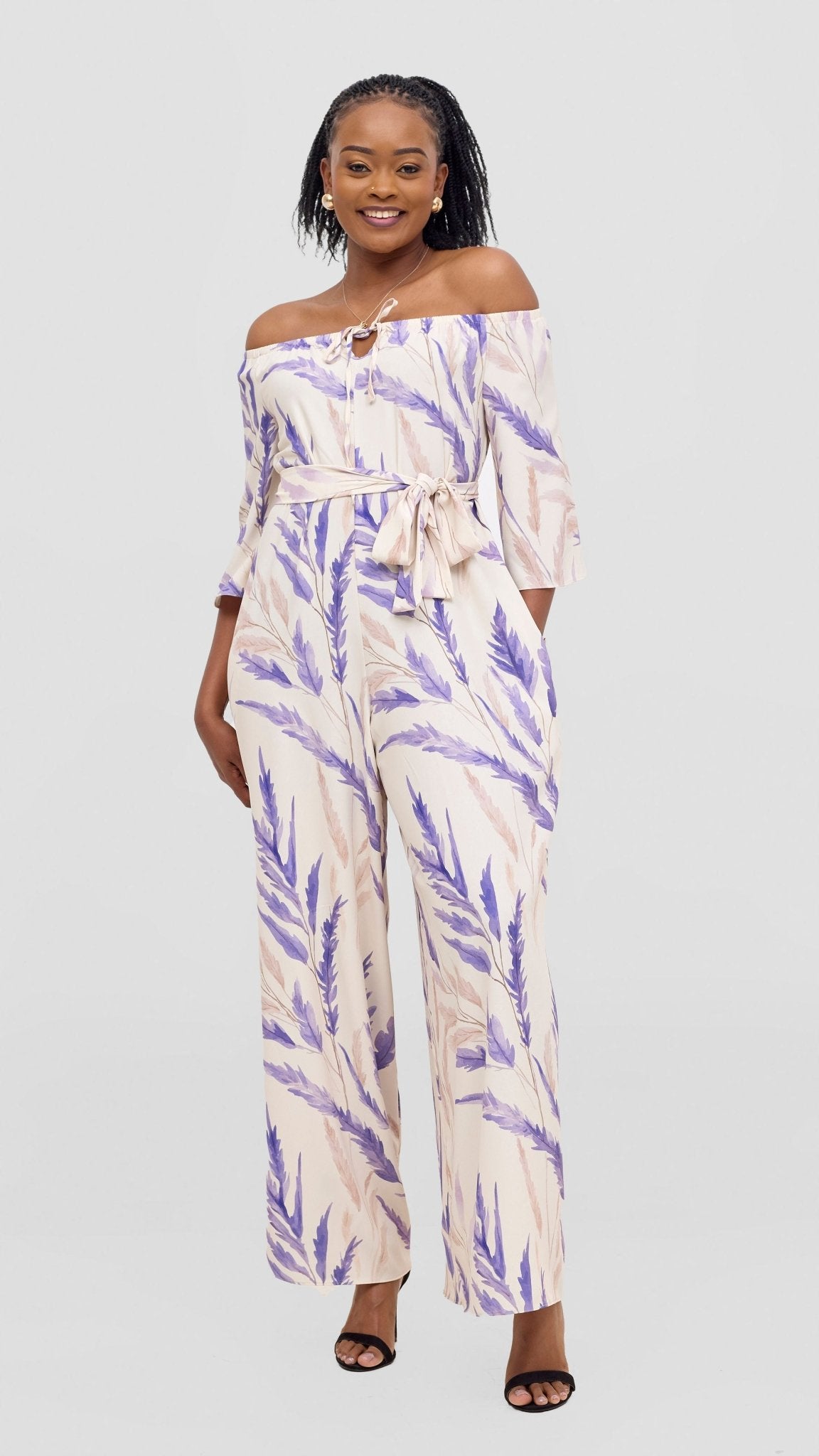 Vivo Zahari 3/4 Sleeve Off Shoulder Jumpsuit - Purple / Cream Rubi Print - Shopzetu