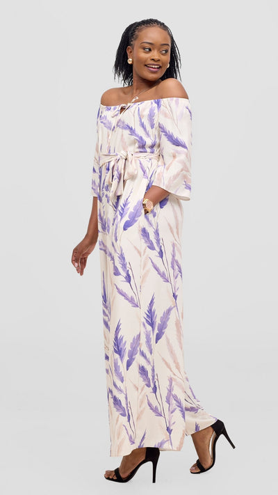 Vivo Zahari 3/4 Sleeve Off Shoulder Jumpsuit - Purple / Cream Rubi Print - Shopzetu