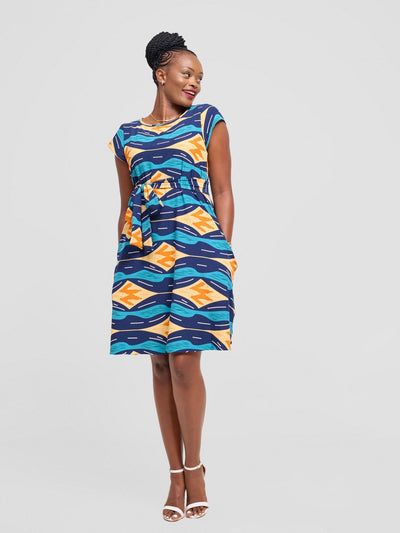 Vivo Basic Cap Sleeve Knee Length Tent Dress - Navy / Light Mustard Print - Shopzetu