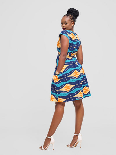 Vivo Basic Cap Sleeve Knee Length Tent Dress - Navy / Light Mustard Print - Shopzetu