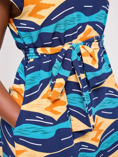 Vivo Basic Cap Sleeve Knee Length Tent Dress - Navy / Light Mustard Print - Shopzetu