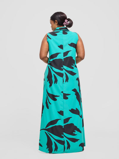Vivo Asha Sleeveless Maxi Dress - Sea Green / Black Robe Print - Shopzetu