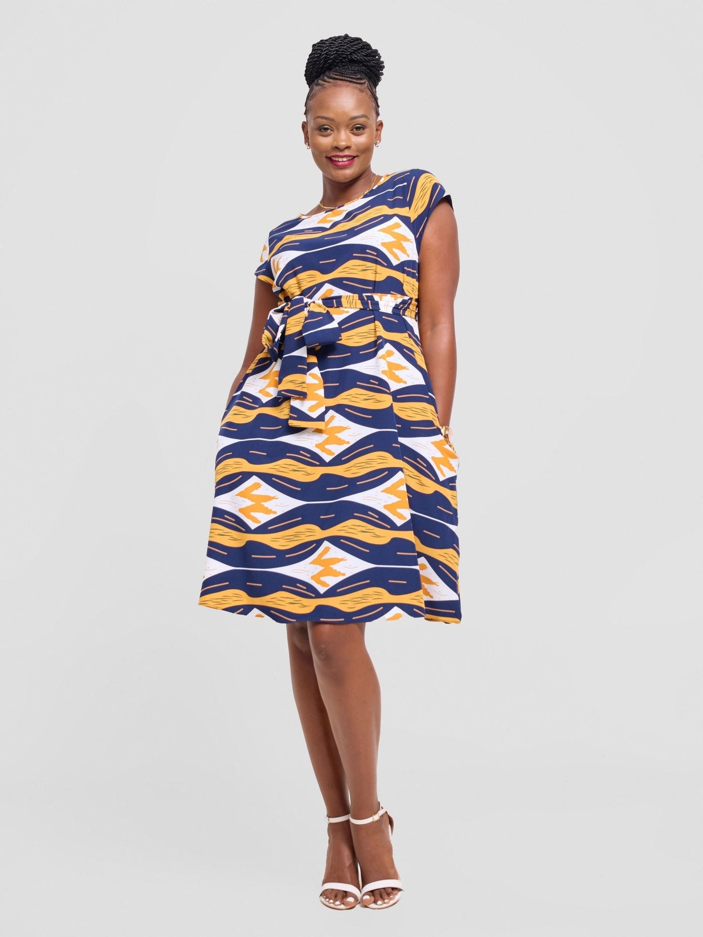 Vivo Basic Cap Sleeve Knee Length Tent Dress - Navy / Mustard Print - Shopzetu